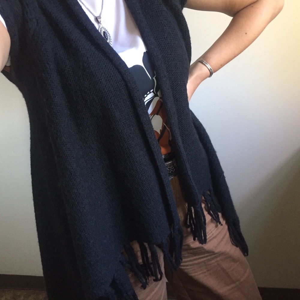 Black Knit Fringe Shawl Sweater Asymmetrical - Picture 1 of 6
